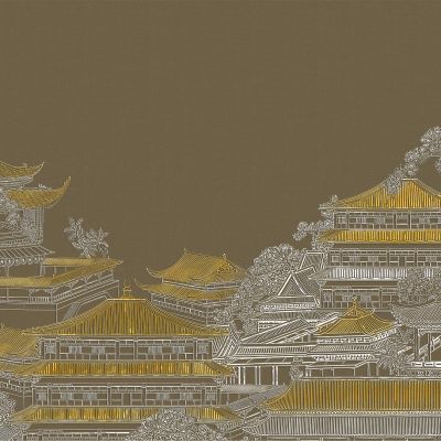 高清新中式亭台楼阁线条肌理背景墙壁画