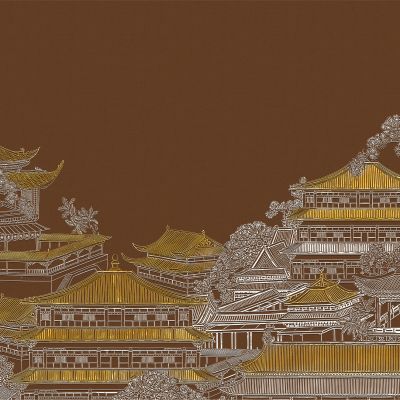 高清新中式亭台楼阁线条肌理背景墙壁画