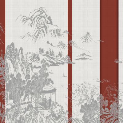 高清新中式亭台楼阁线条肌理背景墙壁画