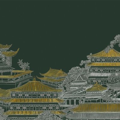 高清新中式亭台楼阁线条肌理背景墙壁画3D贴图