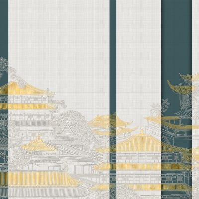 高清新中式亭台楼阁线条肌理背景墙壁画
