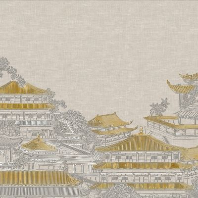 高清新中式亭台楼阁线条肌理背景墙壁画3D贴图