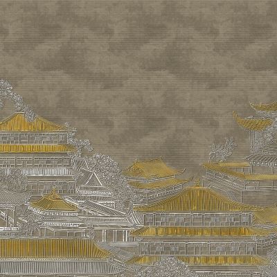 高清新中式亭台楼阁线条肌理背景墙壁画