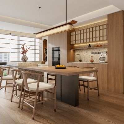 禅意新中式家居餐厅 宋代美学餐厅 岛台餐桌椅组合 宋式吊灯 西厨餐边柜 内嵌式蒸烤箱