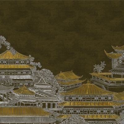 高清新中式亭台楼阁线条肌理背景墙壁画