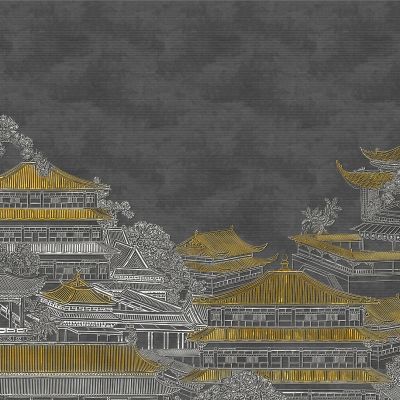 高清新中式亭台楼阁线条肌理背景墙壁画