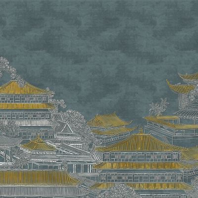 高清新中式亭台楼阁线条肌理背景墙壁画