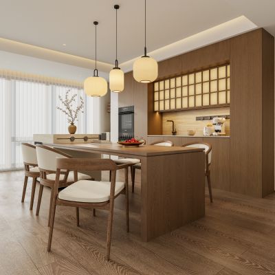 禅意新中式家居餐厅 宋代美学餐厅 岛台餐桌椅组合 宋式吊灯 西厨餐边柜 内嵌式蒸烤箱