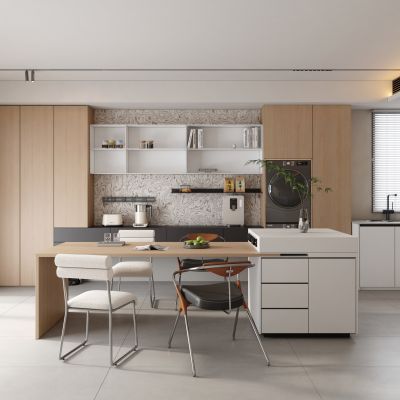 现代极简岛台餐厅 岛台餐桌椅 原木风岛台餐厅