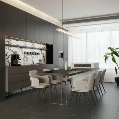 意式岛台餐厅  岛台餐桌椅 现代餐厅