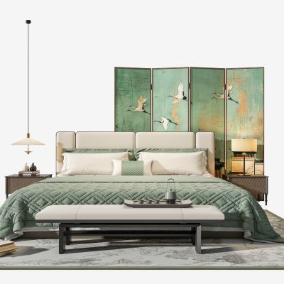 禅意新中式双人床 主卧布艺双人床 床头柜吊灯台灯 宋式美学屏风