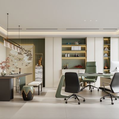 禅意新中式经理办公室 办公桌椅电脑 书房书桌书柜 茶室茶台茶桌椅 宋代美学背景墙 宋式吊灯