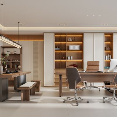 禅意新中式经理办公室 董事长办公室 办公桌椅组合 书柜 茶室茶桌茶台 宋氏吊灯3D模型