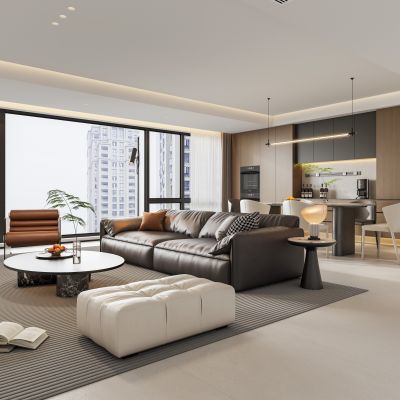 意式轻奢家居客厅 无主灯大平层横厅 沙发茶几组合 餐厅餐桌椅组合 餐厅吊灯 西厨餐边柜