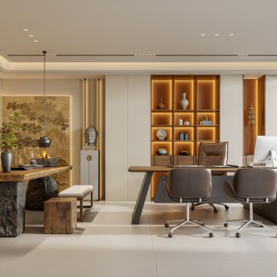 禅意新中式经理办公室 董事长办公室 办公桌椅电脑组合 书桌书柜 茶室茶台茶桌椅 宋代美学背景墙