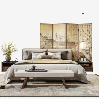 禅意新中式主卧双人床 布艺双人床 床头柜吊线灯 宋代美学折叠屏风 床头摆件 床尾凳