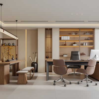 禅意新中式经理办公室 电脑办公桌椅 书房书桌书柜 茶室茶台茶桌椅 宋代美学背景墙 宋式茶室吊灯