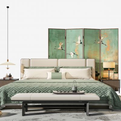 禅意新中式双人床 主卧布艺双人床 床头吊灯台灯 宋式折叠屏风