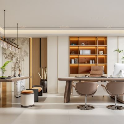 禅意新中式总经理办公室 董事长办公室 办公桌椅组合 书桌书柜 茶室茶桌茶台 宋代美学背景墙