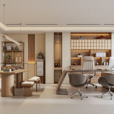 禅意新中式总经理办公室 电脑办公桌椅 书房书桌书柜 茶室茶台茶桌椅 宋代美学背景墙 茶柜吊灯