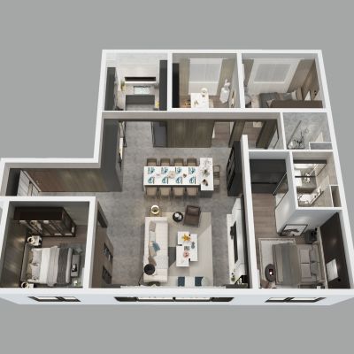 现代家装样板间鸟瞰图3D模型