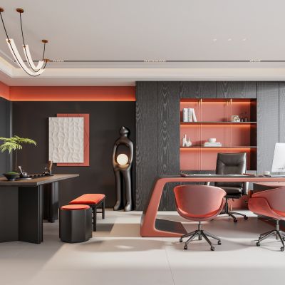 现代暗黑风经理办公室 电脑办公桌椅 书房书桌书柜 茶室茶台茶桌椅 茶室吊灯 红黑背景墙