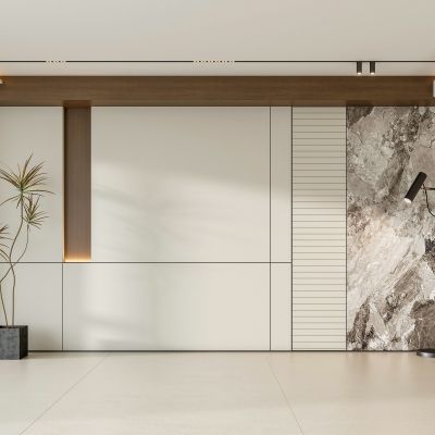 现代意式客厅沙发背景墙 大理石背景墙 硬包背景墙 落地灯 装饰植物