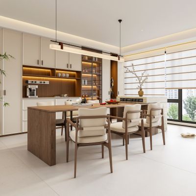 禅意新中式家居餐厅 宋式美学餐厅 岛台餐桌椅组合 餐厅吊灯 装饰餐边柜 餐桌摆件