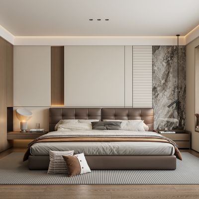 意式轻奢家居卧主卧皮质双人沙发 卧室床头背景墙 床头柜台灯吊线灯 无主灯飘窗卧室 卧室玻璃门衣柜