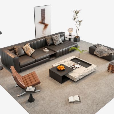意式轻奢客厅沙发茶几组合 黑色皮质沙发 休闲椅 多人沙发