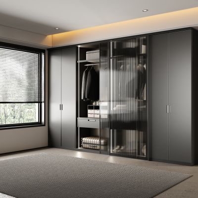 现代极简衣柜 玻璃衣柜 成品衣柜 极简黑白灰衣柜