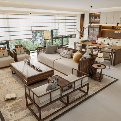 禪意新中式家居客餐廳 大平層無主燈橫廳 布藝沙發(fā)茶幾組合 島臺餐桌椅 宋式餐廳吊燈 西廚餐邊柜SU模型