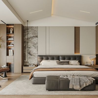 意式轻奢家居卧室 无主灯斜顶主卧室 皮质双人床 床头背景墙 阳台休闲椅 卧室衣柜