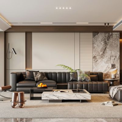 意式轻奢家居客厅 黑色皮质沙发茶几 无主灯高级灰客厅 客厅沙发背景墙 休闲椅 落地灯3D模型