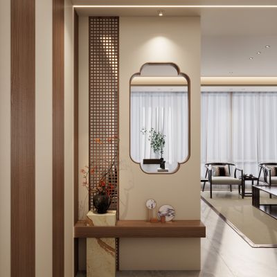 宋式 禅意 实木隔断 线性灯 端景 隔断 花瓶 玄关