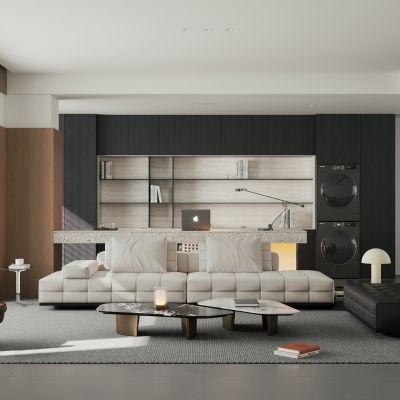 现代极简客餐厅 大平层 横厅 客餐厅一体 黑白客餐厅3D模型