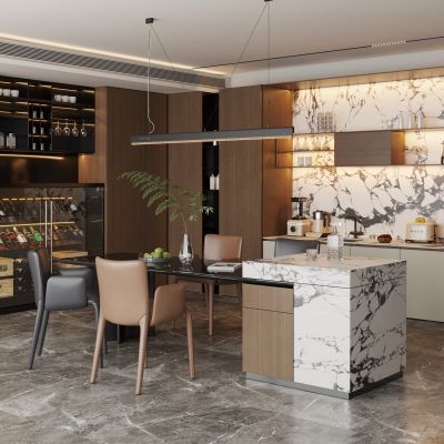 现代意式岛台餐厅 开放式餐厅 意式餐厅 岛台餐桌椅