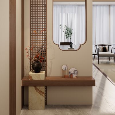 宋式 禅意 实木隔断 线性灯 端景 隔断 花瓶 玄关