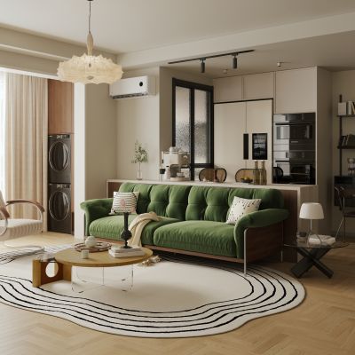 现代中古家居客厅 小户型 横厅 高级灰客厅3D模型