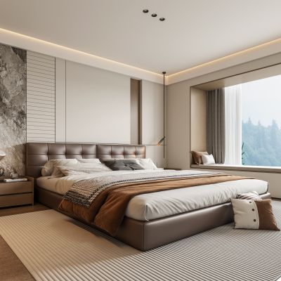 意式轻奢家居卧室 无主灯飘窗卧室 皮质双人床 床头柜吊线灯台灯 主卧床头背景墙 高级灰卧室