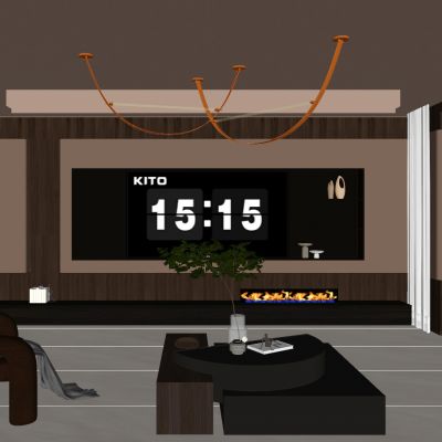 意式 轻奢风 内嵌电视 悬浮顶 火焰壁炉 开放格子 别墅客厅 电视墙