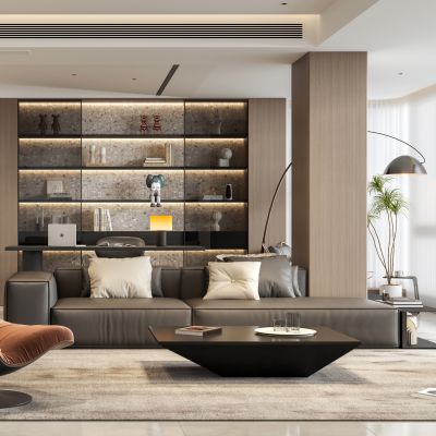 意式轻奢大平层客餐厅 客厅餐厅书房一体 沙发茶几组合 餐桌椅吊灯 开放式书房书柜 高级灰客厅