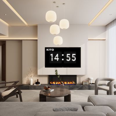 奶油 中古风 内嵌式 几何叠级 火焰壁炉 别墅 客厅 电视墙