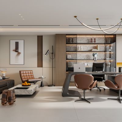 意式轻奢经理办公室 老板办公桌椅 书房书桌书柜 沙发茶几组合 休闲椅 意式背景墙