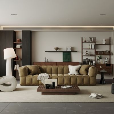 现代复古家居客厅 横厅 无主灯客厅 高级灰客厅 大平层客厅 黑白客厅3D模型