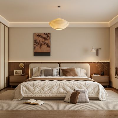 中古风家居卧室 布艺双人床 主卧床头背景墙 卧室吊灯 床头柜壁灯 侘寂风衣柜