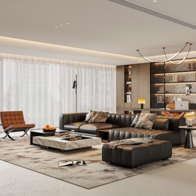 意式家居客厅 大平层无主灯客厅 客厅书房一体 皮质沙发茶几组合 书桌书柜 现代横厅