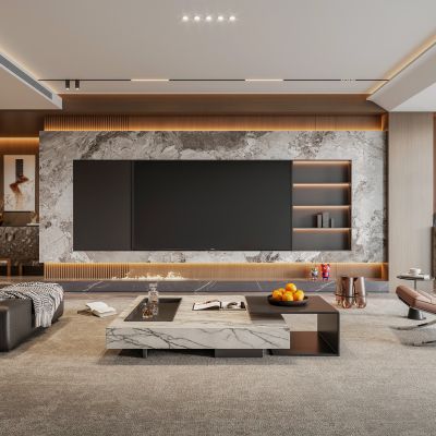 意式轻奢客厅电视背景墙 大理石背景墙 硬包背景墙 木饰面背景墙 茶几休闲椅