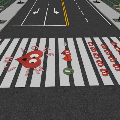 现代创意爱情艺术斑马线商业街道路地面彩绘涂鸦划线趣味铺装标线