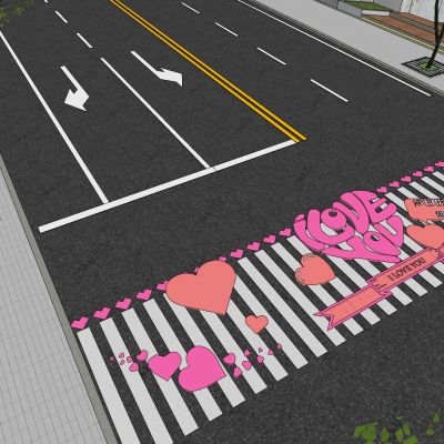 现代创意爱情艺术斑马线商业街道路地面彩绘涂鸦划线趣味铺装标线